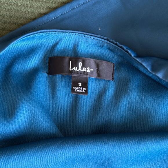 LULUS ELEGANR POISE DARK TEAL BLUE SATIN ASYMMETRICAL TIE FRONT DRESS SMALL - Picture 7 of 9